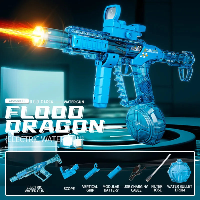 A blue electric water gun model with a realistic muzzle flame effect, displayed on a dark surface.