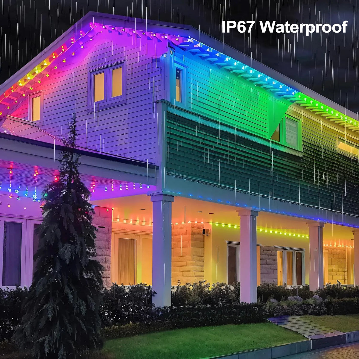 A house exterior illuminated by colorful RGBIC waterproof eave lights during a rain shower.