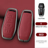 A red single key shell car key case cover with five buttons shown next to a dark red background.