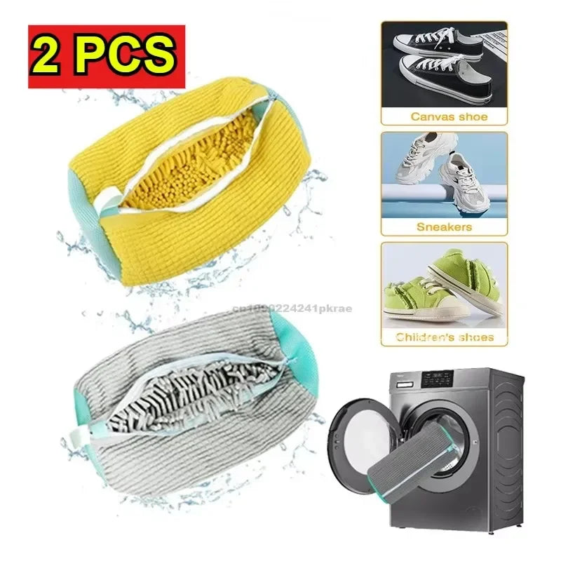 Two reusable shoe laundry bags with bristled brushes shown next to various shoe types.