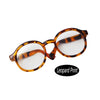 Round eyeglasses with a leopard print pattern on the frame and amber lenses.