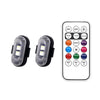 A black strobe light device with an on/off switch and mode selector buttons is shown next to a smartphone interface.