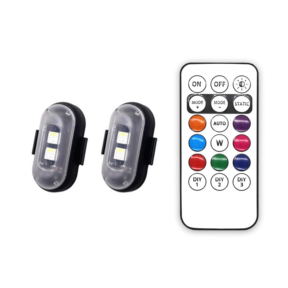 A black strobe light device with an on/off switch and mode selector buttons is shown next to a smartphone interface.