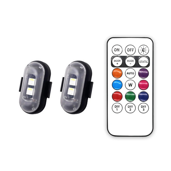 A black strobe light device with an on/off switch and mode selector buttons is shown next to a smartphone interface.