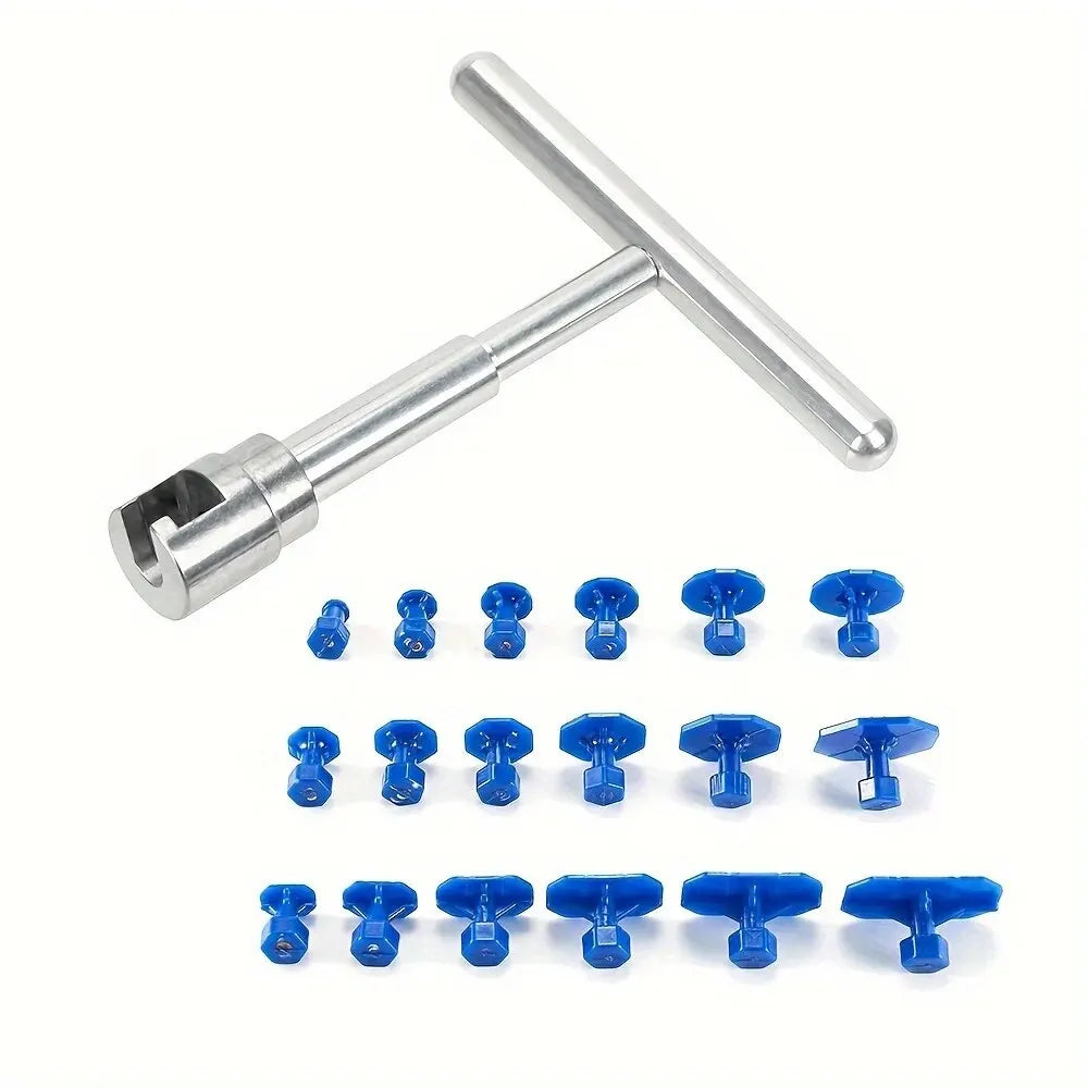 A paintless dent repair kit showing a metal puller and several adhesive tabs for dent repair.