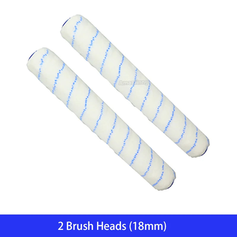 Two white brush heads with blue stripes for a paint roller