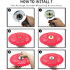 Six steps showing how to install a 36-tooth carbide tipped brush cutter blade onto a motor mount.