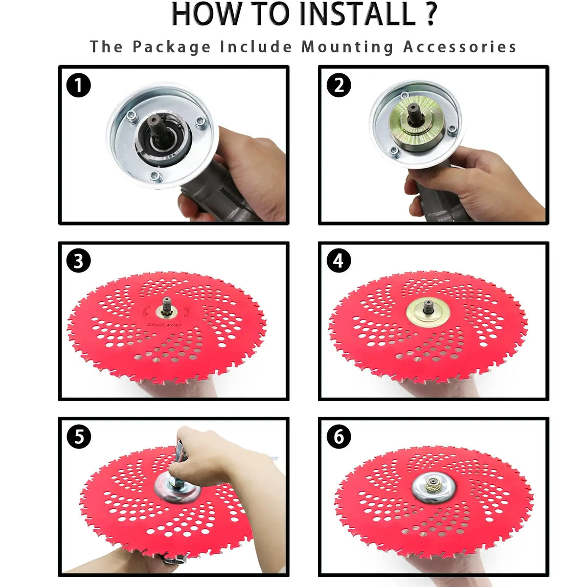 Six steps showing how to install a 36-tooth carbide tipped brush cutter blade onto a motor mount.