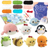 A collection of finished crochet animal toys including a pink elephant, blue fish, and various other cute animals.