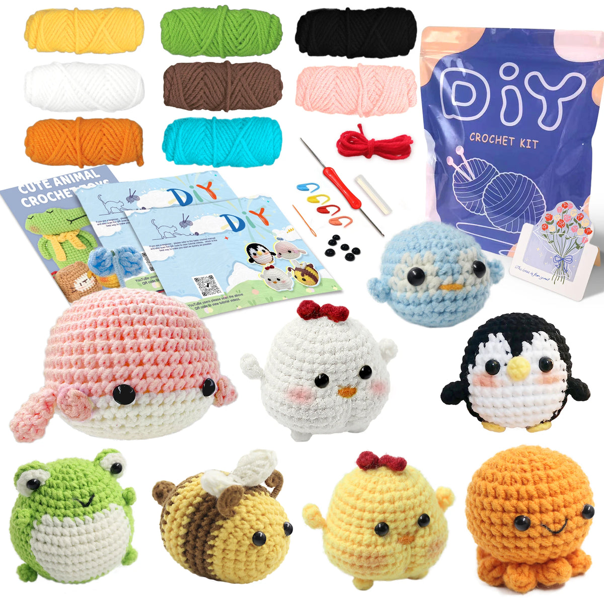 A collection of finished crochet animal toys including a pink elephant, blue fish, and various other cute animals.