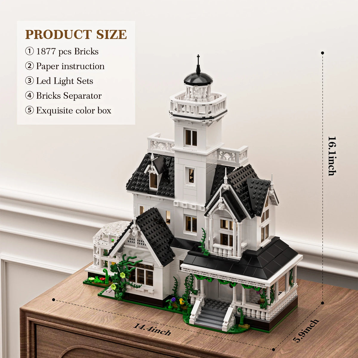 A detailed model of a Victorian house built from white bricks and accessories, displayed on a wooden surface.