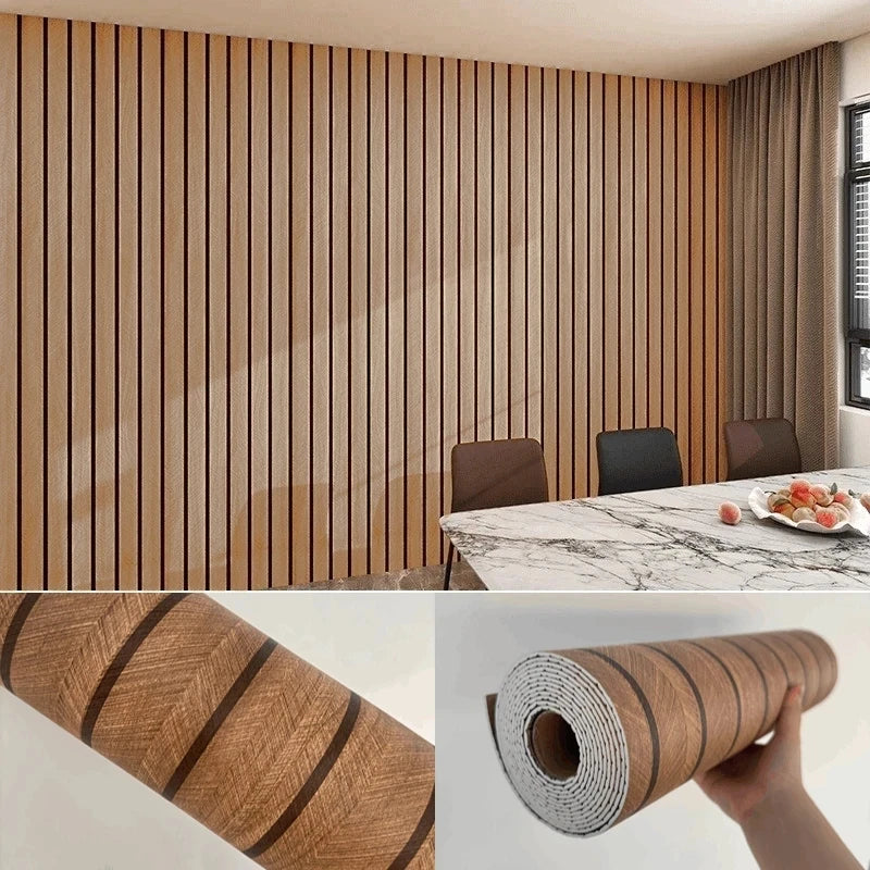Roll of self-adhesive wood grain wallpaper featuring vertical stripes for wall decoration