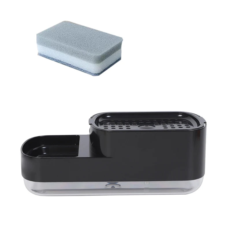 A black countertop soap dispenser with a built-in sponge holder and a light blue sponge.