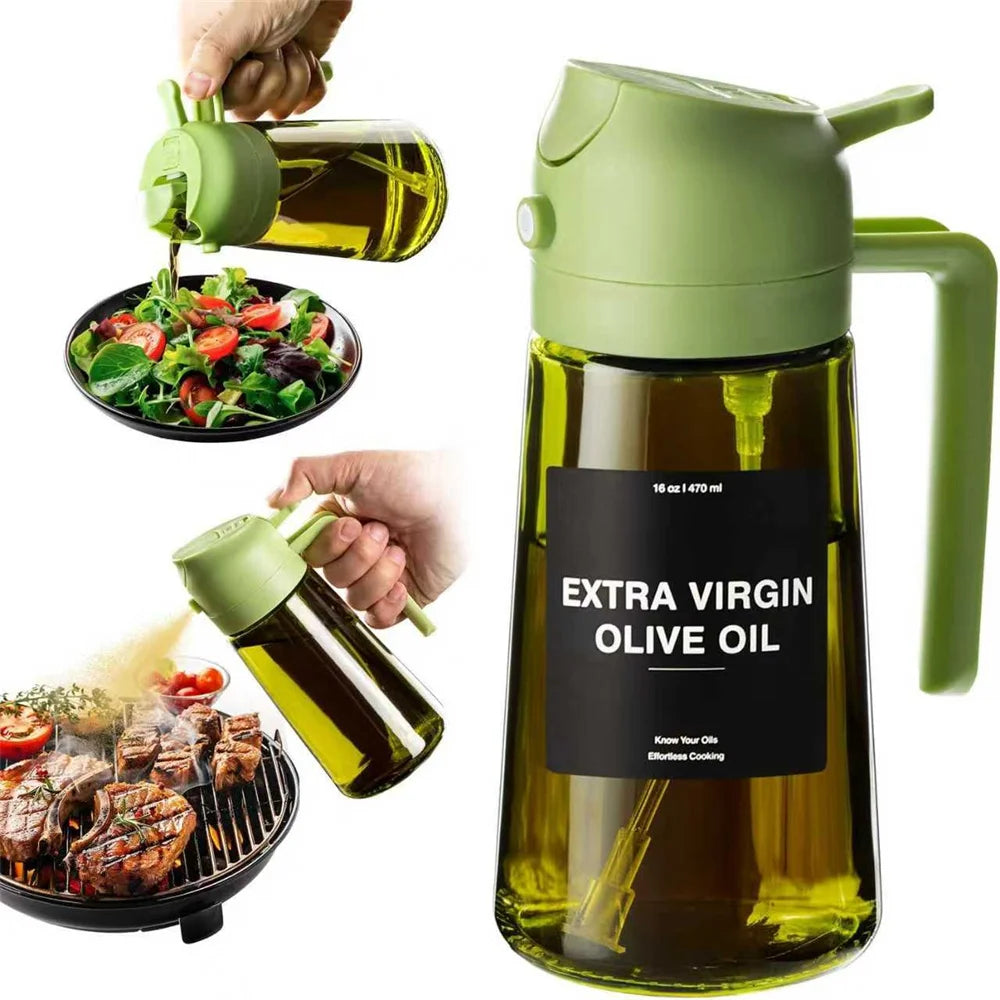 A dark green glass bottle of extra virgin olive oil dispenser and sprayer with a green cap and pump.
