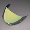 A replacement helmet visor with a yellow tint and dark frame is shown at an angle.