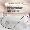 An adjustable mosquito net is shown covering a person sleeping on a bed.