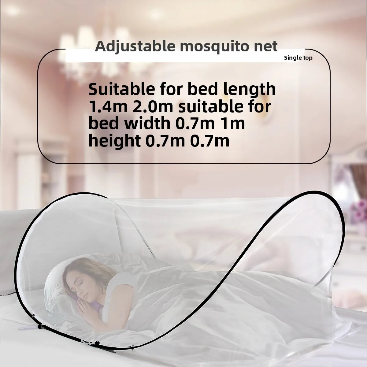 An adjustable mosquito net is shown covering a person sleeping on a bed.
