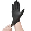 A hand wearing a black heavy duty disposable nitrile cleaning glove.