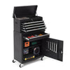 A black rolling tool cabinet with five drawers and a detachable tool chest is shown from the side.