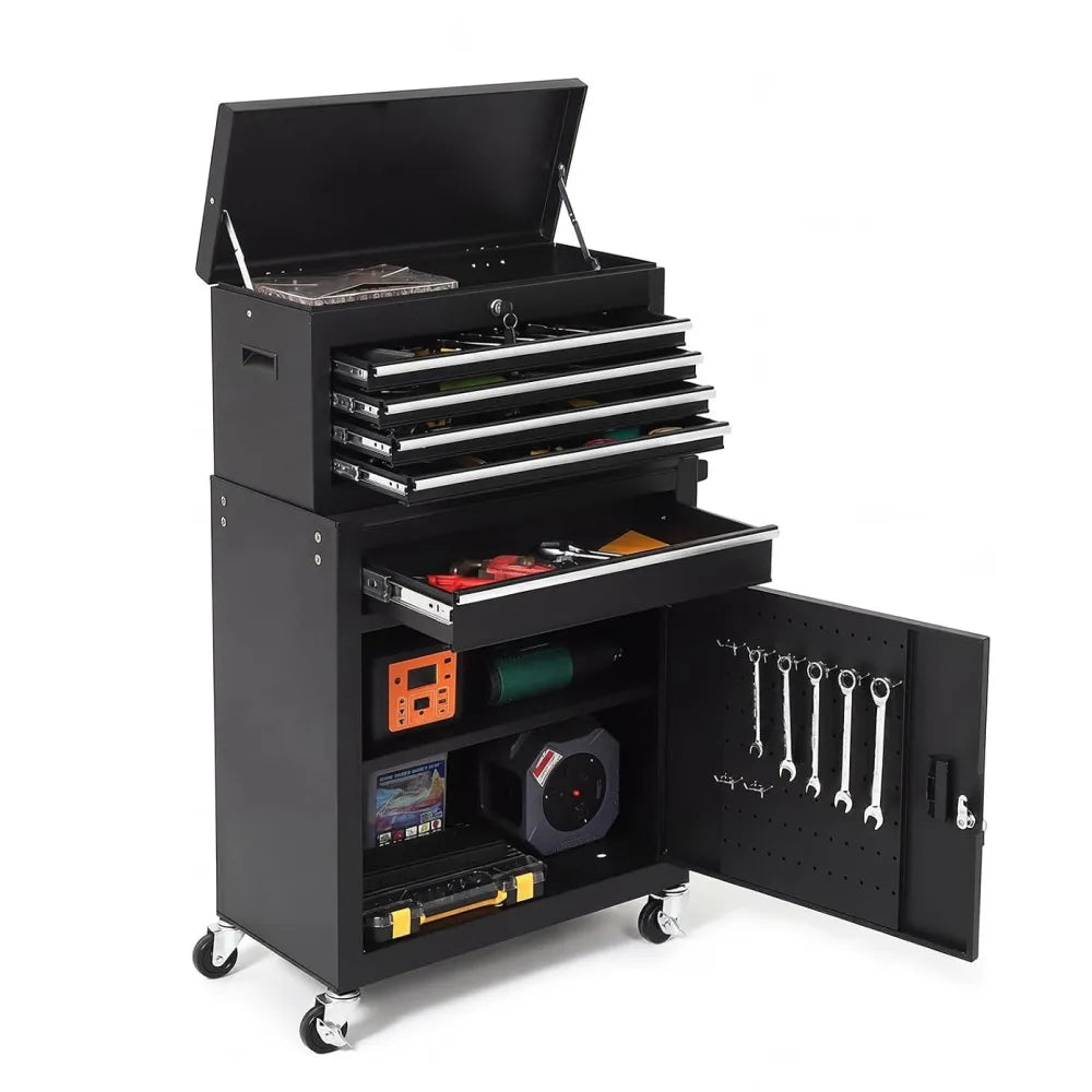 A black rolling tool cabinet with five drawers and a detachable tool chest is shown from the side.