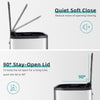 Stainless steel trash can with a soft-close lid and step pedal features for quiet operation.