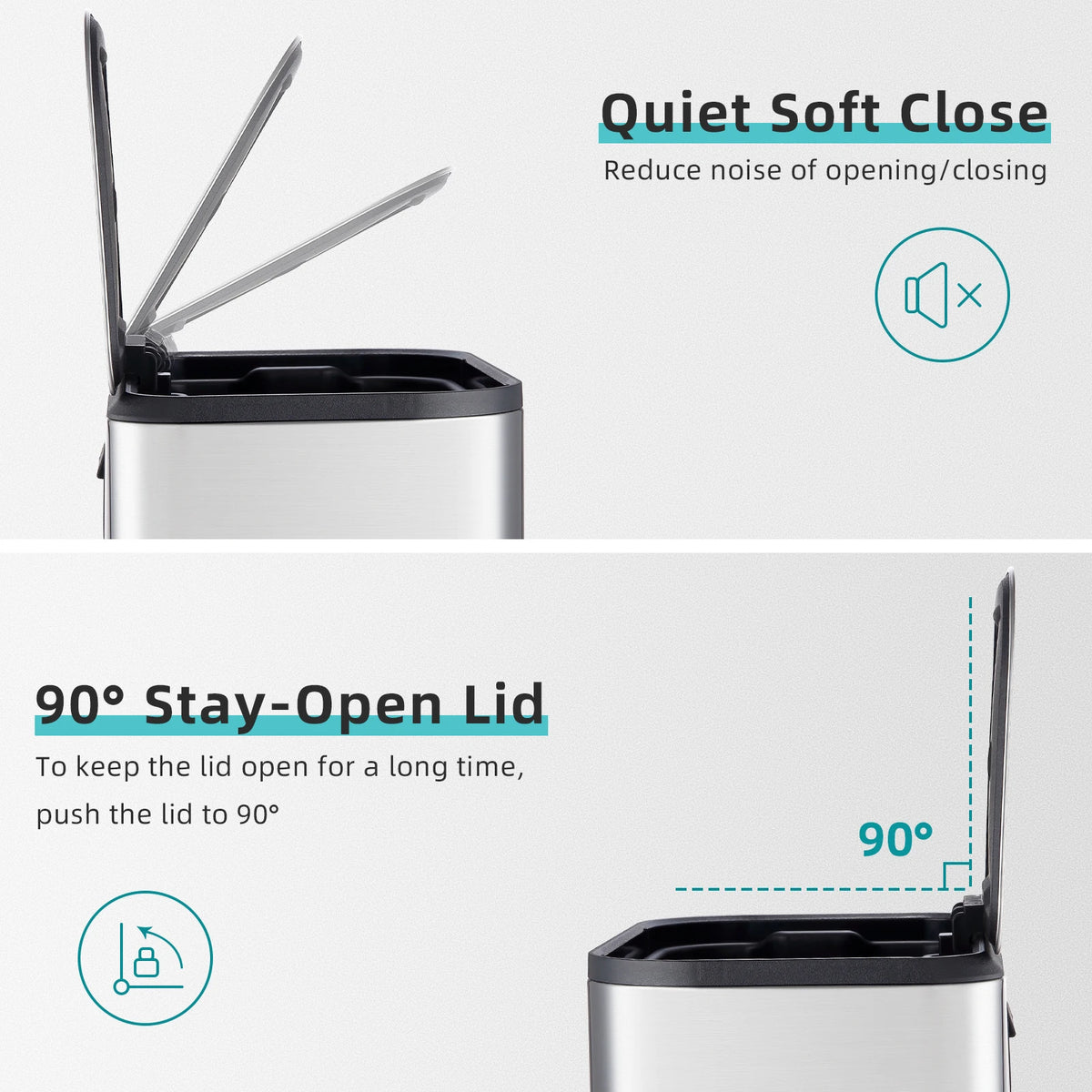Stainless steel trash can with a soft-close lid and step pedal features for quiet operation.