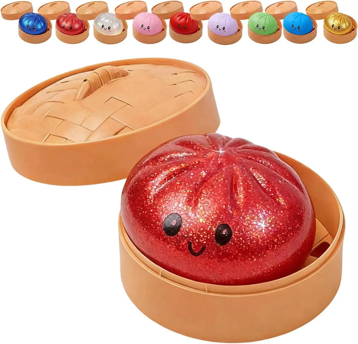 A set of colorful squishy toys and a large red glitter dumpling shaped toy in an orange container.