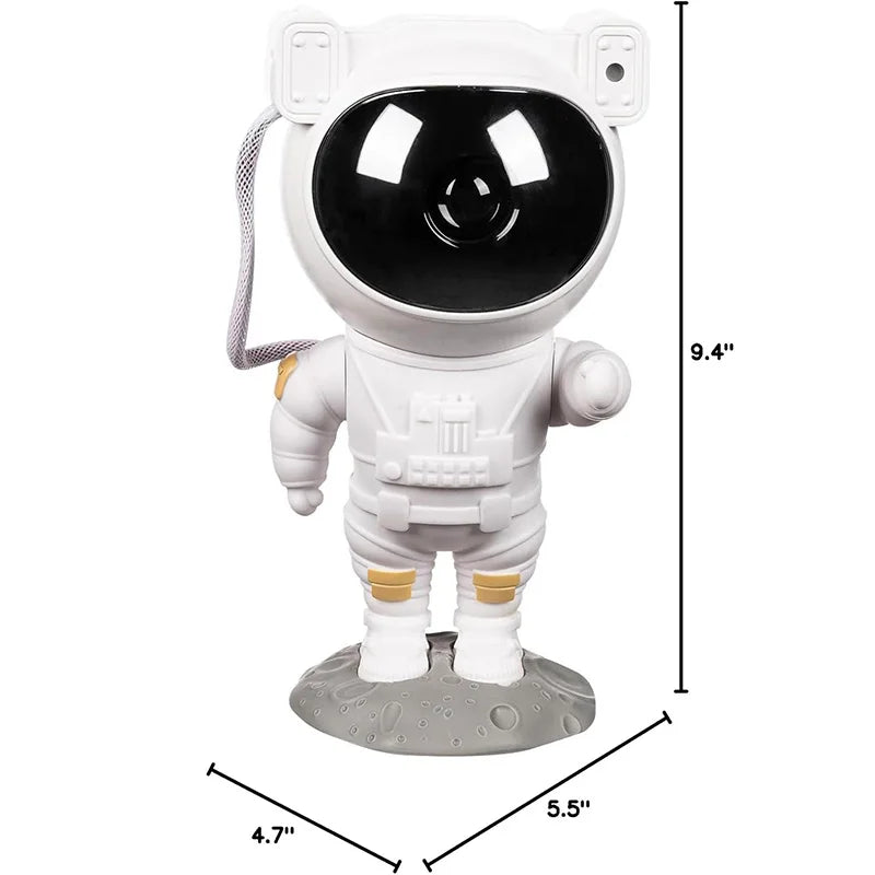 A white astronaut figure with a clear visor and gold accents, shown with dimensions.