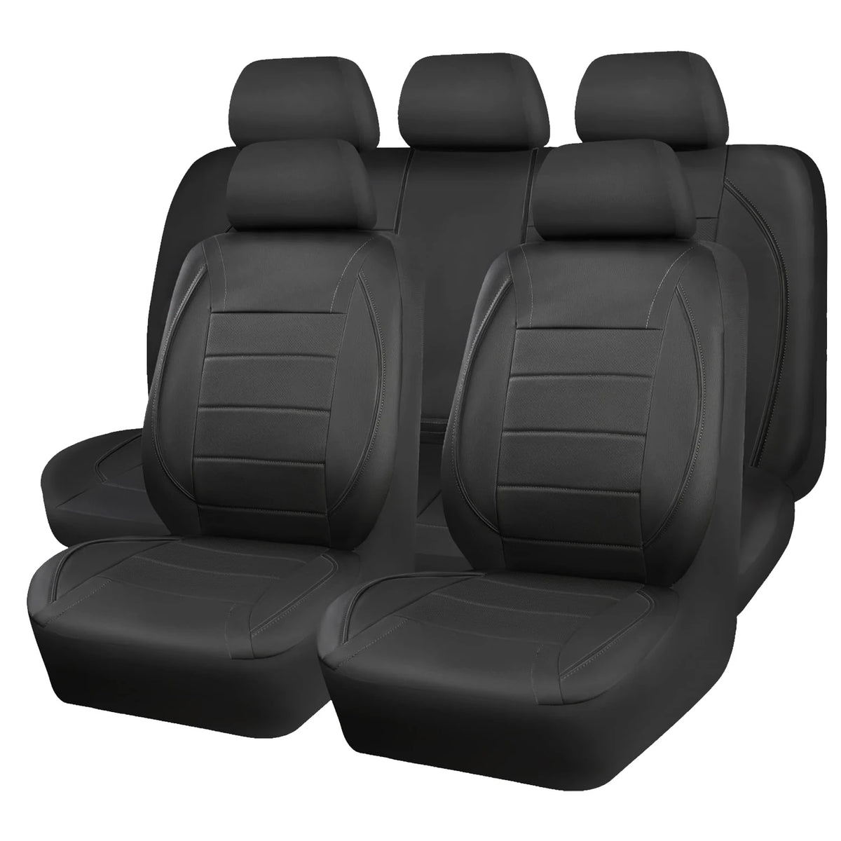 A full set of black universal leather car seat covers shown in a row.