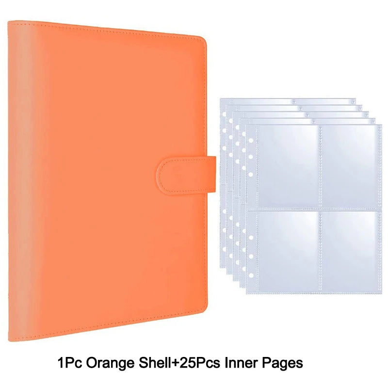 An orange shell photocard album with twenty-five inner pages is shown next to a stack of blank inner pages.