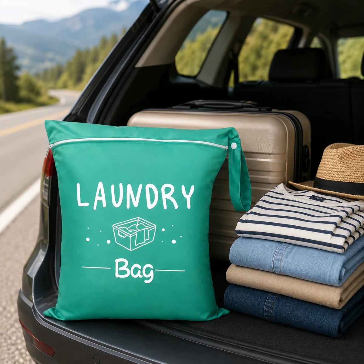 A teal laundry bag is placed on the trunk of a car, next to a straw hat and folded clothes.
