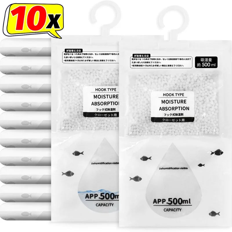 A package of moisture absorbers in a hanging bag for closet and wardrobe with a 10x label.