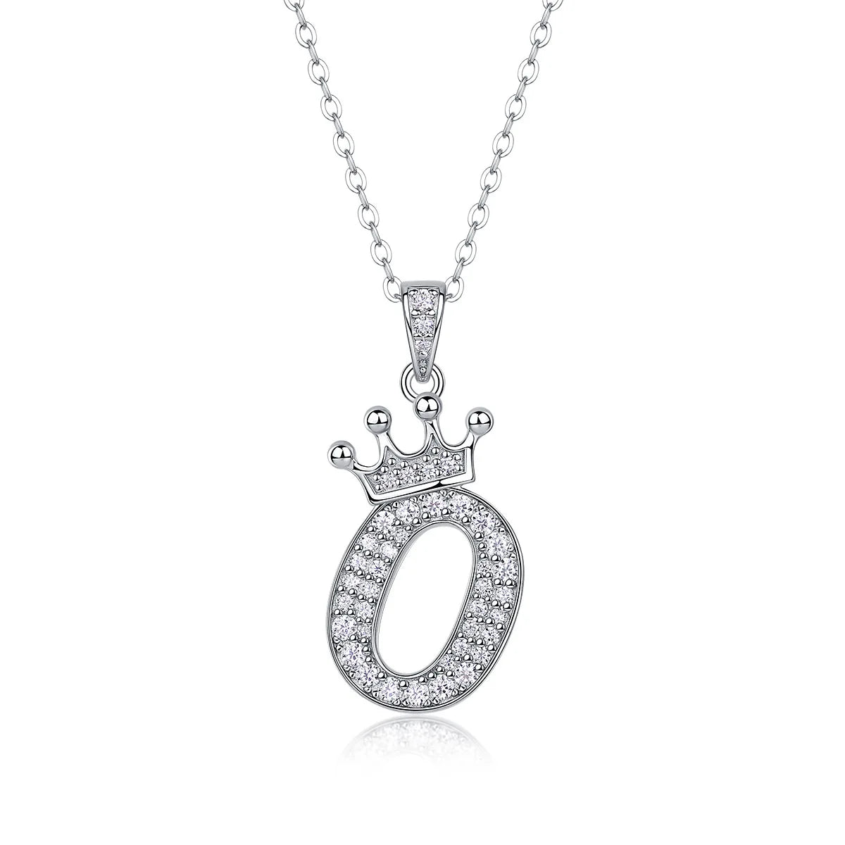 A sterling silver moissanite letter O pendant necklace with a crown charm