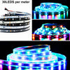 Multiple rolls of individually addressable RGB LED strip lights demonstrating various lighting patterns and installations.
