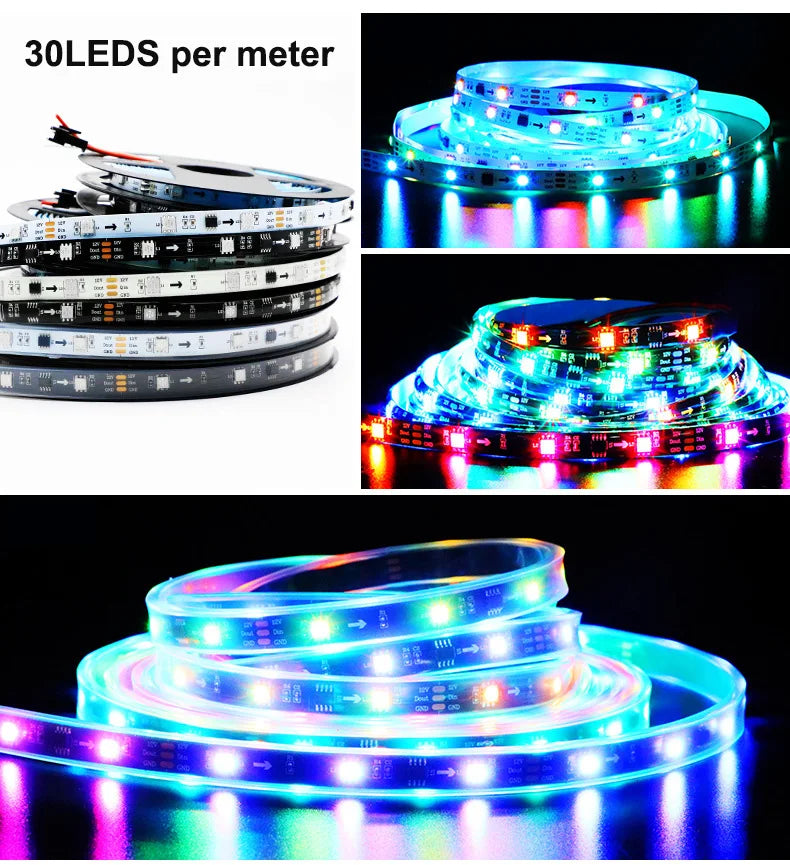 Multiple rolls of individually addressable RGB LED strip lights demonstrating various lighting patterns and installations.