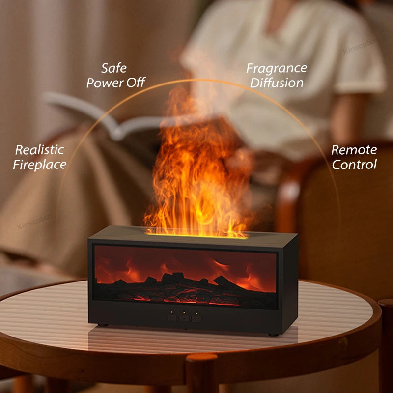 A black fireplace ultrasonic aroma diffuser is shown on a wooden table, emitting realistic fire and fragrance diffusion.