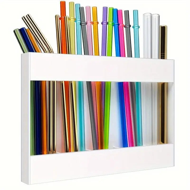 A white acrylic straw dispenser with an adhesive mount showing various colored straws.