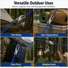 Images showing versatile outdoor uses including tent setup, gear organization, easy carrying, and hanging items with a blue r