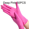 A hand wearing a pair of deep pink disposable nitrile gloves is shown against a white background.