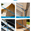 Demonstration images showing the usage scenarios of a heavy-duty rope tensioner kit with locking clips for tent, table legs, 