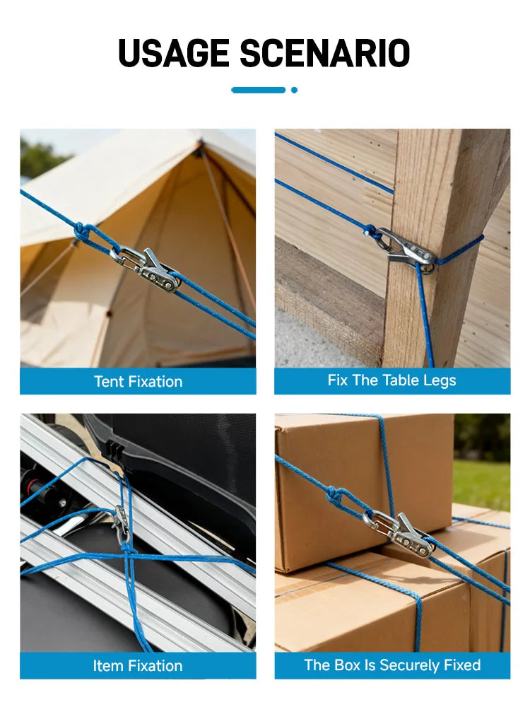 Demonstration images showing the usage scenarios of a heavy-duty rope tensioner kit with locking clips for tent, table legs, 