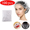 A woman is shown wearing a disposable shower cap with an elastic edge, next to a pack of 100 caps and usage demonstration.