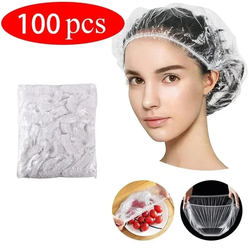 A woman is shown wearing a disposable shower cap with an elastic edge, next to a pack of 100 caps and usage demonstration.