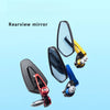 A set of rearview mirrors with carbon fiber housings and blue lenses mounted on a motorcycle handlebar.