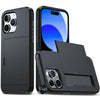 A black slim protective phone case with a hidden card holder is shown next to an iPhone.