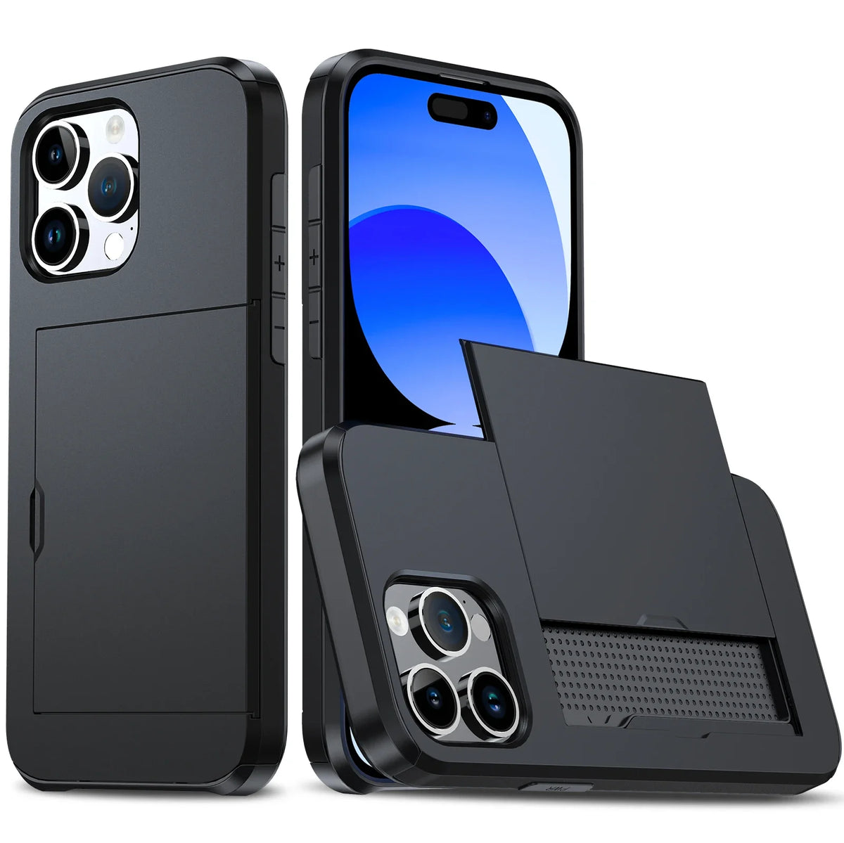A black slim protective phone case with a hidden card holder is shown next to an iPhone.