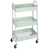 A light green, three-tier rolling metal storage cart with wire mesh baskets and lockable wheels.