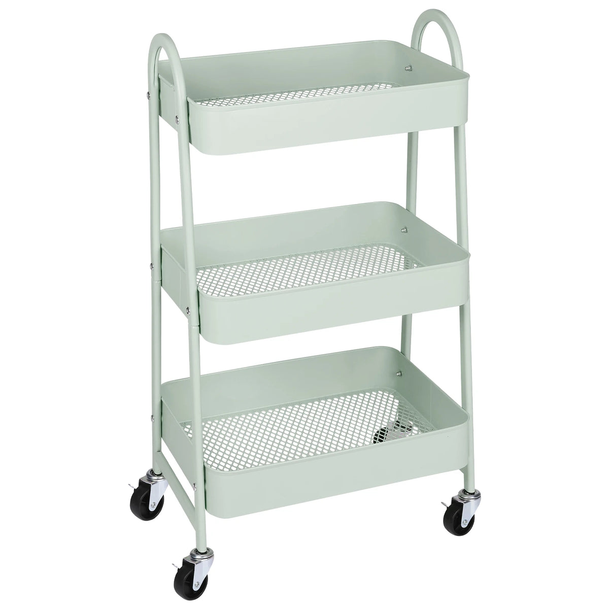 A light green, three-tier rolling metal storage cart with wire mesh baskets and lockable wheels.