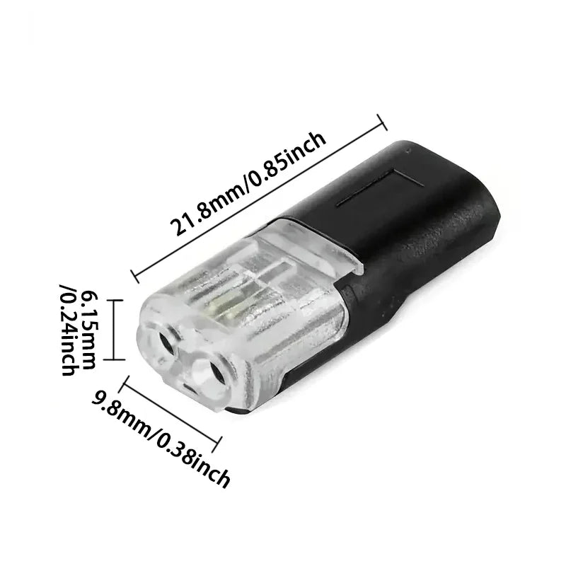 A close-up view of a black D2 Double-Line Interlocking LED connector with dimensions marked.