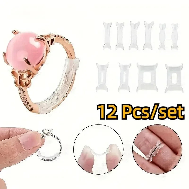 A set of 12 clear and pink invisible ring size adjuster pads and a gold-toned ring with an adjustable band.